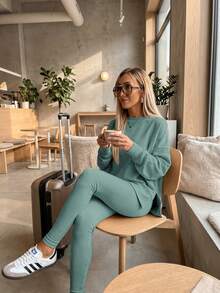 Women's 2 Piece Loungewear Set - Soft Ribbed Oversized Sweatshirt & High Waist Leggings-Ultra Soft Pajama Set For Women  - Casual Tracksuit For Airport Outfit & Lounging-Cozy Matching Outfit For Travel Yoga Home - 綠色 - 查看 7