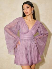 1 pieza Vestido mini elegante y sexy de unicolor con escote en V y recortes, adecuado para fiestas, bodas, citas, fiestas de cumpleaños, primavera/verano - Lila Púrpura - Ver 1