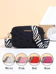1pc Girls' Minimalist Crossbody Bag, Fashion Rhombus Plaid Pattern With Zebra Strap, Geometric Embossed Small Square Bag, Essential For - Multicolor - View 2