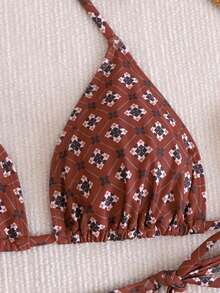 2pcs/Set Women's Bohemian Printed Bikini Set, Halter Design, Tie Waist, Mesh Cover-Up Pants, Spring/Summer Beach Vacation - Multicolor - View 7