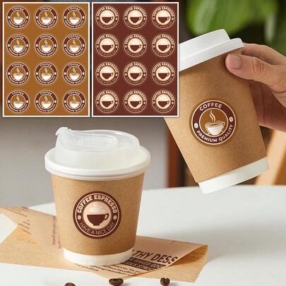 240pcs (1 Sheet Of 12pcs, 20 Sheets) Round Brown Coffee Cup Stickers, Dessert Shop Coffee Decor Stickers, Handmade Coffee Cup Decoration Stickers, Gift Packaging Seals