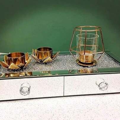 Biznest Crushed Diamond 2 Drawer Crystal Silver Mirrored Jewellery Box Organiser 39x17cm