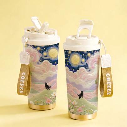 mikenda 1pc 18oz Stainless Steel Vacuum Insulated Water Bottle With Moon & Cat Pattern, Flip Lid And Strap, Keeps Hot For 12 Hours, Cold For 24 Hours, Reusable Stylish Tumbler For Car, Office, School, Cute Gift For Women And Girls