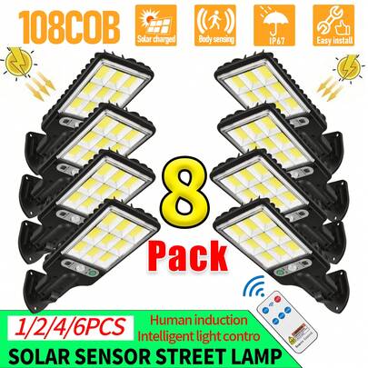 1/2/4/8颗装9格108COB太阳能壁灯，带运动传感器/智能光传感器，3种亮度模式，内置1200mAh可充电电池，适用于前门、庭院、车库、小路、花园和露台 | 太阳能供电 | 耐用塑料外壳，适用于婚礼、情人节、母亲节、返校季、圣诞节、万圣节等节日照明装饰