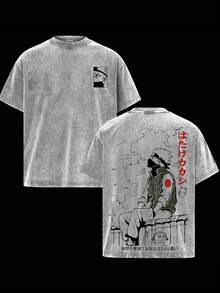 Hatake Kakashi Vintage Washed OversizedT-Shirt - Anime Graphic Tee, CopyNinja Kakashi Manga Art Shirt, Soft CottonCasual Streetwear Apparel, Unisex Top, Giftfor Fans - 灰色 - 查看 1