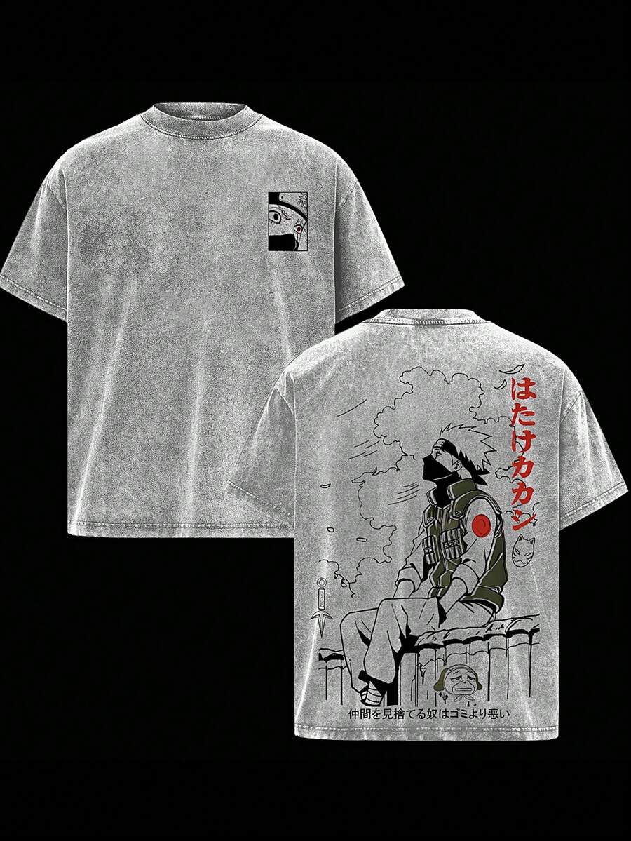 Hatake Kakashi Vintage Washed OversizedT-Shirt - Anime Graphic Tee, CopyNinja Kakashi Manga Art Shirt, Soft CottonCasual Streetwear Apparel, Unisex Top, Giftfor Fans - 灰色 - 查看 1