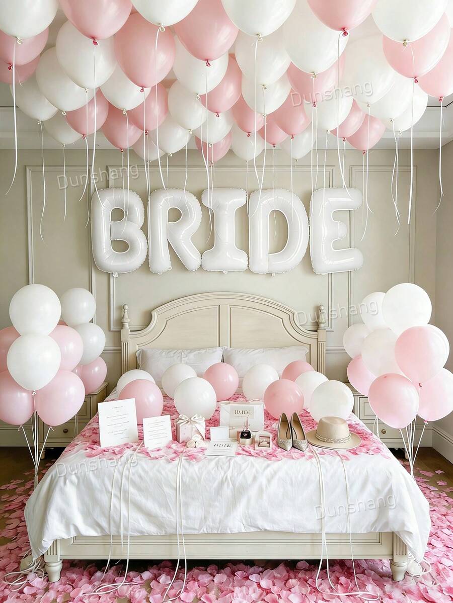 Bộ trang trí cô dâu tương lai 51 món - Banner chữ "BRIDE" màu trắng 40 inch + Bóng bay cao su màu hồng & trắng + Cánh hoa không dệt dày, hoàn hảo cho tiệc độc thân, trang trí phòng, tiệc cô dâu, đám cưới, chụp ảnh kỷ niệm, đồ dùng cho cô dâu tương lai - Nhiều màu - Xem 1