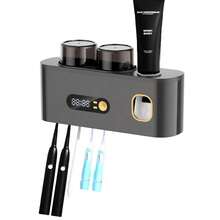 Smart Toothbrush Sterilizer (1 Unit) - USB Charging + Clock - 5-Slot Storage Brush Holder - Includes 2 Cups + Automatic Toothpaste Dispenser - Modern Bathroom Plastic Storage Rack For Dental Hygiene Essentials - 灰色 - 查看 1
