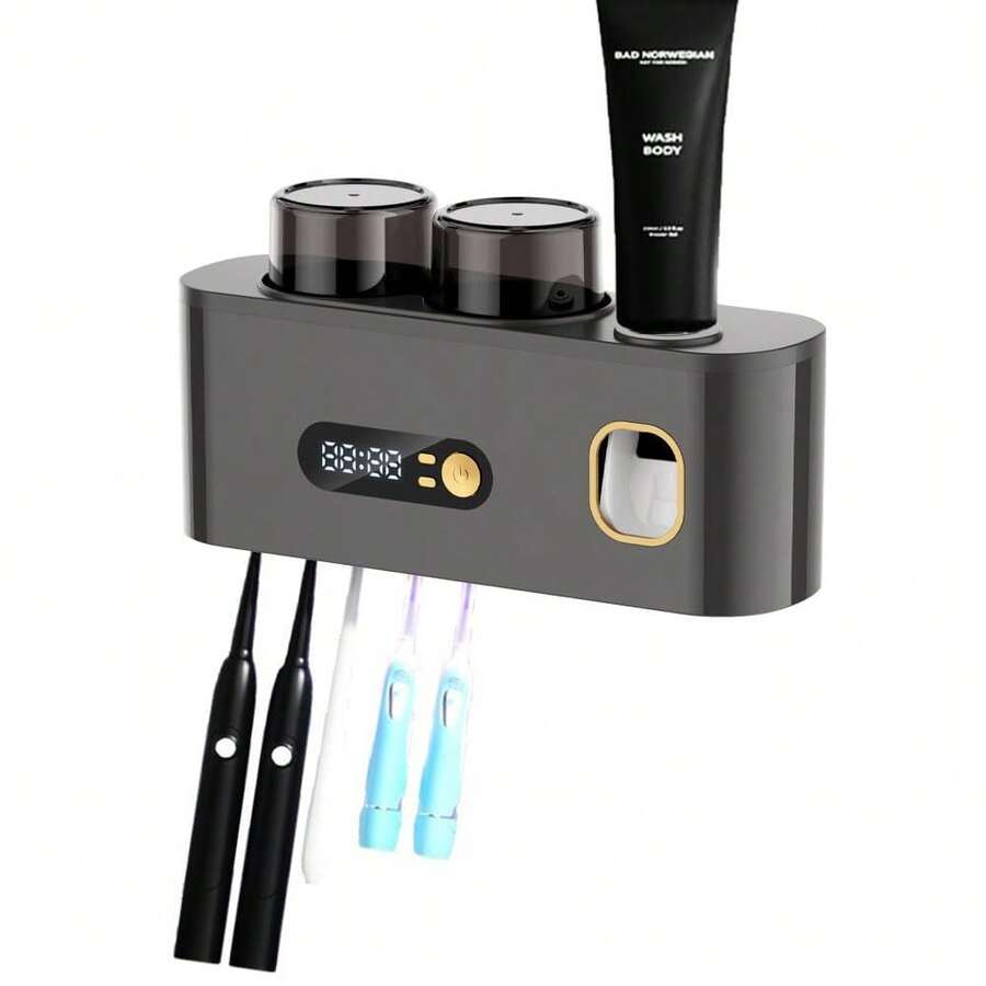 Smart Toothbrush Sterilizer (1 Unit) - USB Charging + Clock - 5-Slot Storage Brush Holder - Includes 2 Cups + Automatic Toothpaste Dispenser - Modern Bathroom Plastic Storage Rack For Dental Hygiene Essentials - 灰色 - 查看 1