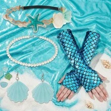 4pcs Women Blue Outfit & Accessories Set, Including Blue Gloves And Headband; Women Party Cosplay Costume & Accessories Set; Christmas Carnival Beach Holiday Outfit Set - Multicolor - View 11