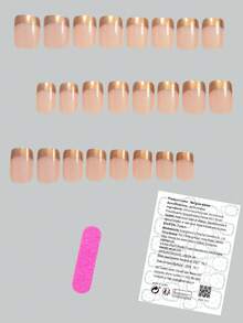 Bộ 24 móng giả vuông ngắn, viền vàng hồng, kiểu Pháp, sọc ngọc trai, bóng mờ, thanh lịch và đa năng, thích hợp cho hẹn hò, tiệc tùng, sử dụng hàng ngày vào mùa xuân/hè, thu/đông. Bộ móng giả dán tháo rời kèm gel dẻo và dũa, màu gel dẻo ngẫu nhiên. - Hoa hồng vàng - Xem 3