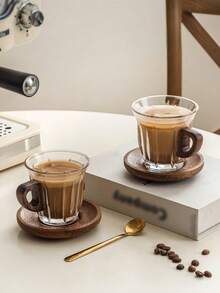 1pc/Set Walnut Wood Coffee Cup & Saucer, Minimalist Wabi-Sabi Style Walnut Wood Handle Cup Mat Glass Coffee Cup & Saucer, High-Quality Elegant Household Dining Room Cup & Saucer - Multicolor - View 6