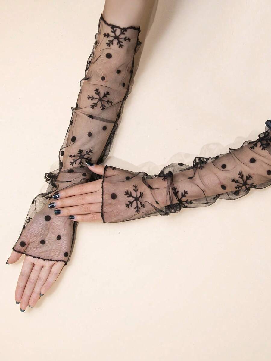 1 Pair Transparent Mesh Long Gloves - Black-14719 - View 1