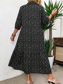 Floral Print Umbrella Collar Plus Size Dress With Flounce Sleeves, Elegant Lightweight Dress Suitable For Festivals, Parties, Afternoon Tea, Spring/Summer Occasions Vacation - Black - View 5