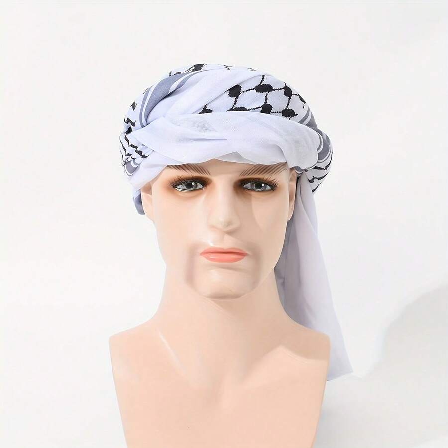Arabic Men's Headscarf & Headband Set - White Print - View 1