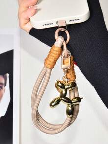 可爱混色编织尼龙套装，包含纯色尼龙编织手机壳挂绳+果冻气球狗狗手机挂件钥匙扣，精致高端创意可爱包包挂饰，春季生日礼物 - 卡其色短繩+小狗掛件 - 查看 2