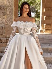 Elegant Off-The-Shoulder Lace Long Sleeve Illusion Bodice Satin Gown With High Slit & Train, Wedding Dresses For Bride, Elegant And Comfortable, Includes Plus Sizes, Bridal Gown, Formal Dresses For Women, Suitable For Wedding, Party, Vacation, Bride, Formal Occasions, Dinner Dress, Prom Dress, After-Party Dress, Homecoming Dress, Cocktail Party, Birthday Party, Celebration, Gala, Festival, Ceremony, White - 白色 - 查看 4