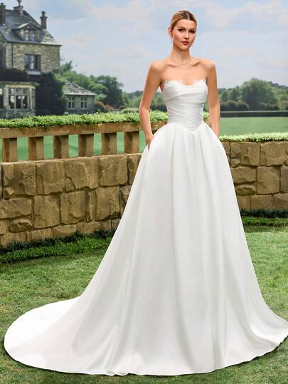 Women's Solid Color Lace Ruffle Design Strapless Elegant Wedding Dress