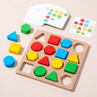 Kids Wooden Early Education Color & Shape Matching Game Toy Set, Suitable For 2-4 Years Old Boys And Girls Color And Shape Recognition Matching Interactive Game Toy, Comes With 30 Game Cards, Birthday/Children's Day Gift