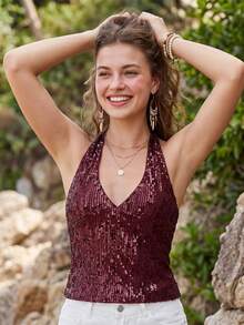 Women's Summer Solid Sequin Halter Deep V Neck Backless Slim Fit Tank Tops  Soft Top For Party  Date - Burgundy - View 5