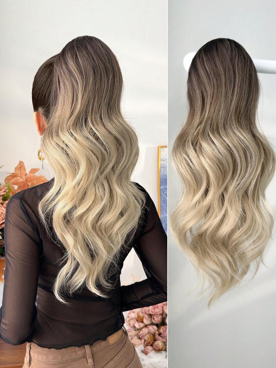 18 Inch Ombre Brown Wavy Heat-Resistant Synthetic Fiber Ponytail Hair Extension, Suitable For Women's Party And Daily Use