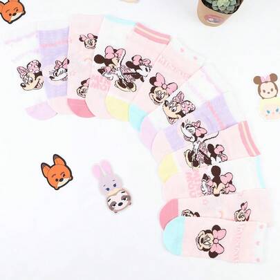 Disney 6双装可爱米妮儿童袜子，春夏必备。透气婴儿袜，男女童均适用，适合上学和居家日常穿着。