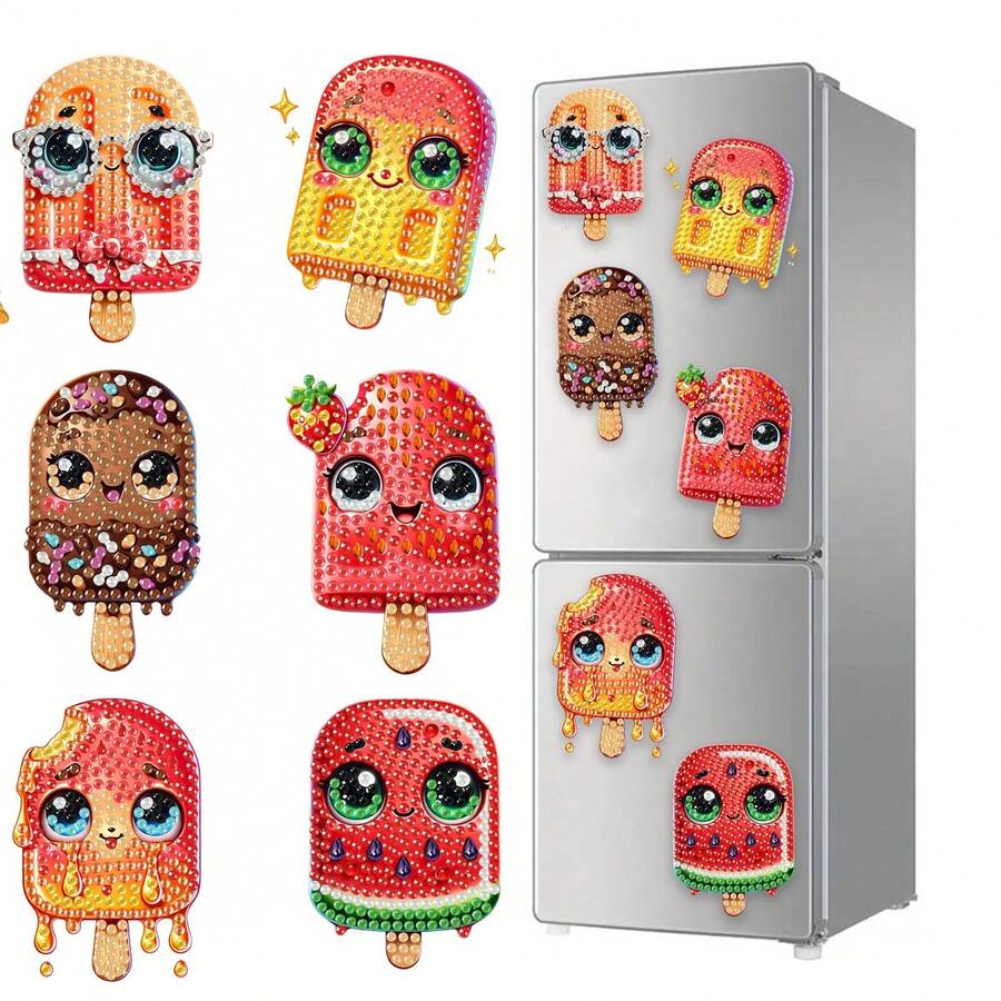 6pcs Diamond Art Fridge Magnets, Summer Ice Cream Diamond Painting Decor, DIY Diamond Painting Magnet Kit For DIY Crafts, Gifts, Fridge, Mailbox Decoration - View 1