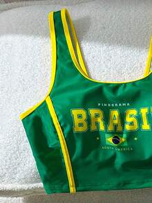Women's Cropped Tank Top With Brazil Print, Summer Fashion, World Cup, Cheering, Fashion Top For The Summer World Cup, Yellow And Green. Women's Printed Brazil World Cup Blouse For Cheering, Summer Fashion 2026. - 綠色 - 查看 1