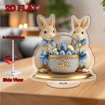 2D平面旋转亚克力复活节兔子雕像及金色篮子桌面摆件，带旋转彩蛋展示架 - 户外春季桌面中心装饰品，适用于家居、办公室、派对 - 耐用彩蛋架（无需组装）房间装饰家居装饰