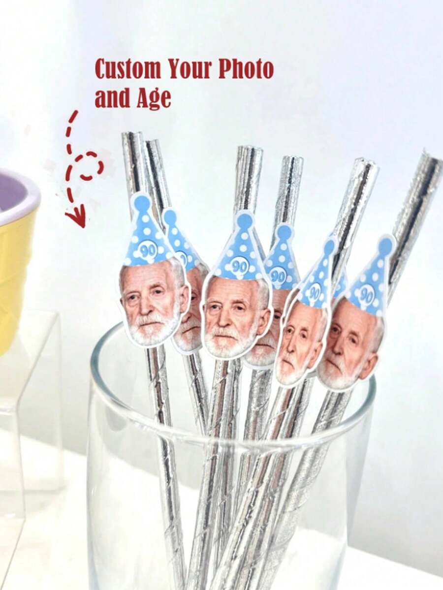 1/12/24支客製化照片吸管，40-90歲生日裝飾，周年紀念禮物客製照片吸管，適合男友、爸爸，生日派對用品，生日餐桌裝飾，婚禮伴手禮