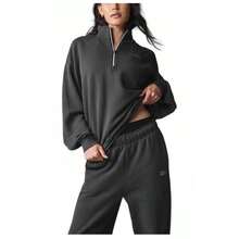 Alo Yoga Women's Accolade 1/4 Quarter Zip Pullover Premium Heavyweight Sweatshirt Luxury Soft Oversized Hoodie Collar Outerwear Fashion Casual Leisure - 無菸煤 - 查看 4