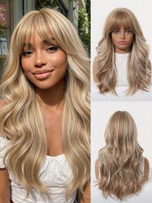 20英寸中金色假发，女士蓬松波浪卷发，带刘海，灰调挑染合成假发，配有可调节绑带，完美适合女性日常和派对佩戴。 - 金色 - 查看 6