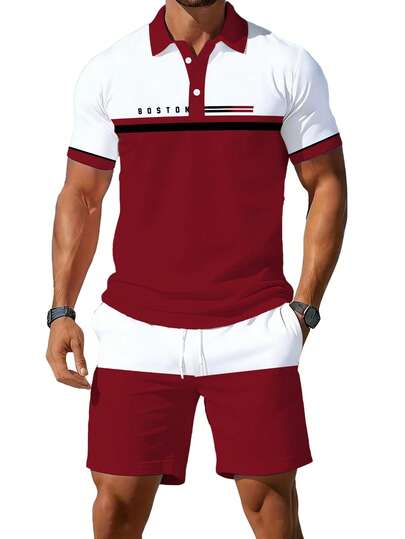 Bộ áo polo nam in kỹ thuật số 3D, áo polo tay ngắn casual mùa hè + quần short dây rút - Thiết kế cổ điển ôm dáng, có nút cài, có thể giặt máy, phù hợp cho cả dịp thường nhật và trang trọng trong mùa hè - Vải không xuyên thấu, họa tiết sọc.