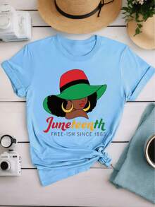Juneteenth-Ish Since 1865 Stylized Curly Hair Wide Brimmed Hat Gold Hoop Earrings Red Lipstick Graphic Shirt Casual Crew Neck Cotton Tee Summer Breathable Cute Casual Style Versatile Casual Style Juneteenth - 藍色 - 查看 7