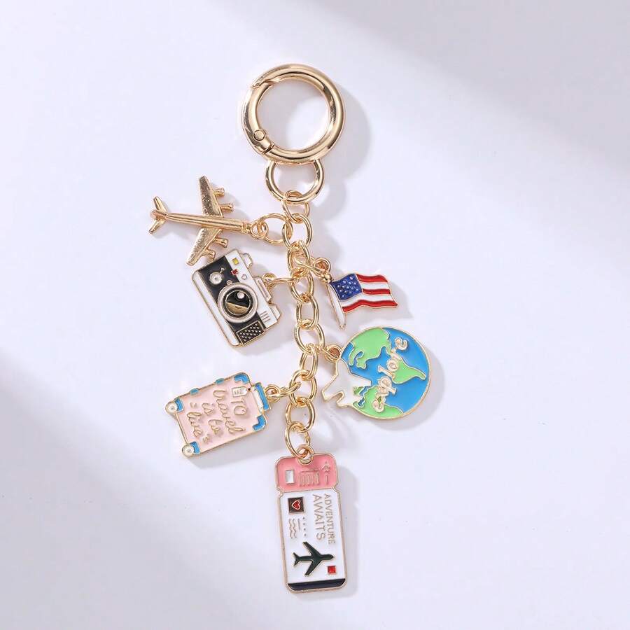 Alloy Oil Drop Keychain Set For Travel Lovers, Airplane, Globe, Camera, Suitcase Charms Combination, Creative World Tour Theme Car Key Chain, Great Gift For Holidays - Multicolor - View 1