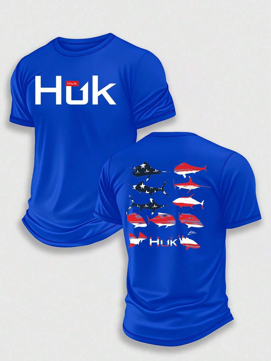 (220 Pieces Of Pure Cotton T-Shirts) HUK SPECIES LIBERTY Fishing Performance T-Shirt, Moisture Wicking Quick Dry Tee, High-Quality Graphic Printed Outdoor Sportswear, Men's Short Sleeve Shirt, American Flag Fish Species Art, Marine Life Graphic, Holiday Gift, Performance Gear, Lightweight Breathable, Camisetas Para Hombre, Men Vacation Outfits, Urban Outdoor Style - 藍色 - 查看 1