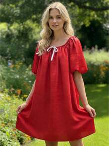 Women's Summer Mini Dress Short Puff Sleeve Square Neck Solid Color Satin Dress - Red - View 1