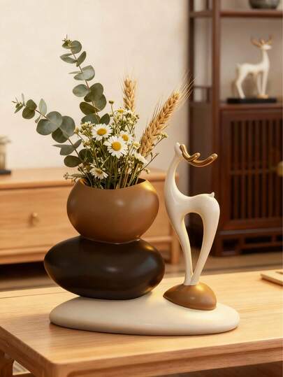 1pc Resin Stacked Deer Vase Sculpture Set, Geometric Stone Flower Vase, Fashionable Elegant Design, Desktop Decor, Suitable As Home And Office Gift, Birthday, Back To School, Mother's Day Gift