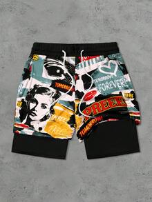 Pantalones cortos de playa de doble capa con estampado de cartel retro para hombres - Multicolor - Ver 2