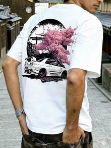 Fractyr 男士夏季时尚简约街头樱花树汽车图案圆领短袖T恤 | 百搭街头休闲风T恤，男友/老公礼物 - 白色 - 查看 2