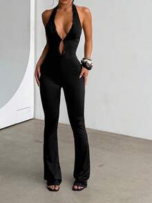 WOWDARK 女士夏季连体裤，黑色深V钩编设计露背吊带修身休闲连体裤，适合狂欢节、约会、聚会、派对、旅行、度假、海滩等场合。 - 黑色 - 查看 6