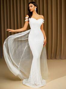 LOVE&LEMONADE Elegant White Off Shoulder Flowing Mesh Patchwork Backless Criss-Cross Tie Mermaid Long Wedding Dress - White - View 7