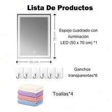 Espejo Rectangular Con Luz Led 50 X 70 Cm 3 Tonos De Luz Fría Neutra Cálida Atenuable Para Baño O Tocador Interruptor Táctil Montaje Vertical + Ganchos Transparentes 6pzs + Toallas 4pzs - Negro - Ver 3