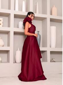 Long Dress With Flower For Graduation, Party, Wedding, Evening. - Color caoba - Ver 2