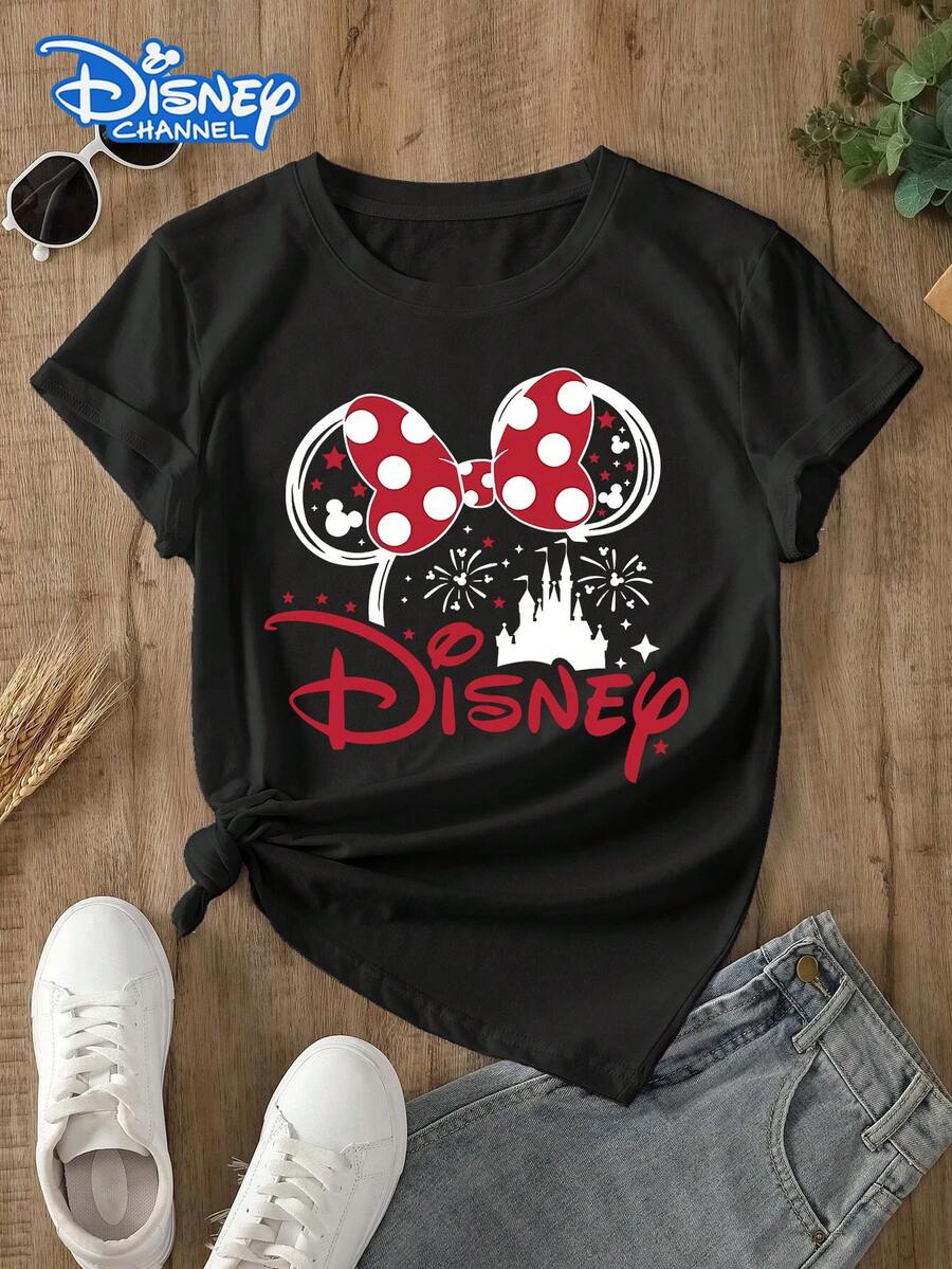 Disney Lady's T-Shirt, Featuring A Creative Cartoon Pattern Of The Disney Castle. Spring/Summer Style Women's Round-Neck T-Shirt. The Fabric Is Soft, Comfortable And Breathable, Suitable For Daily Wear, Shopping, Traveling, Parties, And When At Home. It Is Also Suitable As A Beautiful Gift. Every Lady Deserves To Own One. - 黑色 - 查看 1