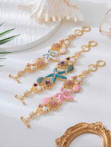 1pc Exquisite Starfish & Shell Bracelet, Ocean Series Enamel Bracelet, Versatile Friendship Gift, Suitable As Girlfriend/Valentine's Day/Birthday Present, Daily Jewelry - Blue - View 3