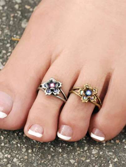 خاتمان للأصابع مفتوح من المعدن مزين بزهور عتيقة ومرصع بألماس ملون، مناسب للشاطئ والعطلات والهدايا