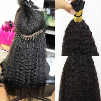 Tóc nối thẳng xoăn kiểu Itip bằng tóc thật, dài 26 inch, màu đen, nặng 50g, kiểu Yaki Tip.