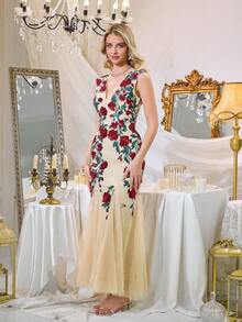 ANGEL FASHIONS 优雅女士长款V领无袖正式晚礼服，饰以亮片刺绣和撞色网纱下摆，适合婚礼和度假穿着。 - 彩色 - 查看 3