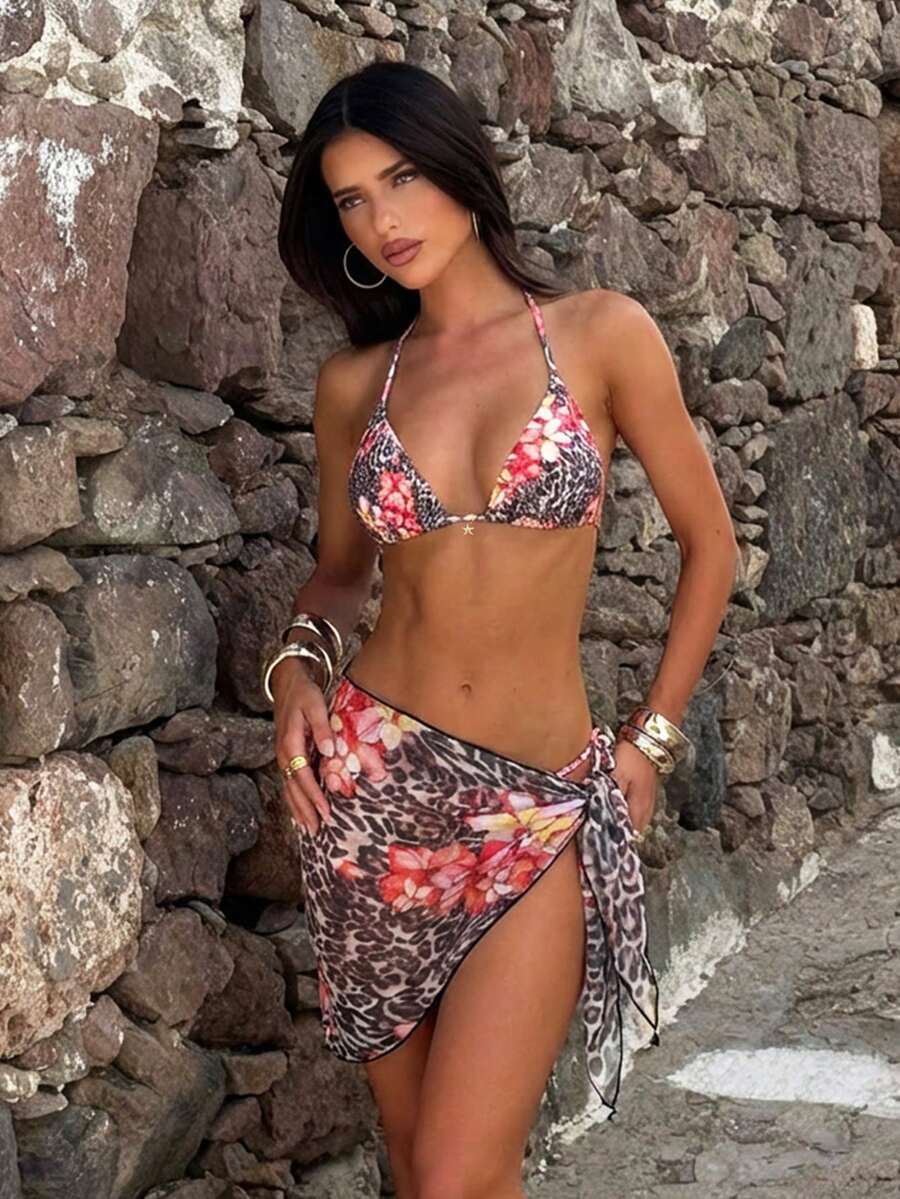 女士性感蝴蝶印花露背比基尼三件套，系带设计，含纱笼裙，夏季海滩度假波西米亚风 - 彩色 - 查看 1